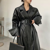 Lautaro Long oversized leather trench coat for women long sleeve lapel loose fit Fall Stylish black women clothing streetwear